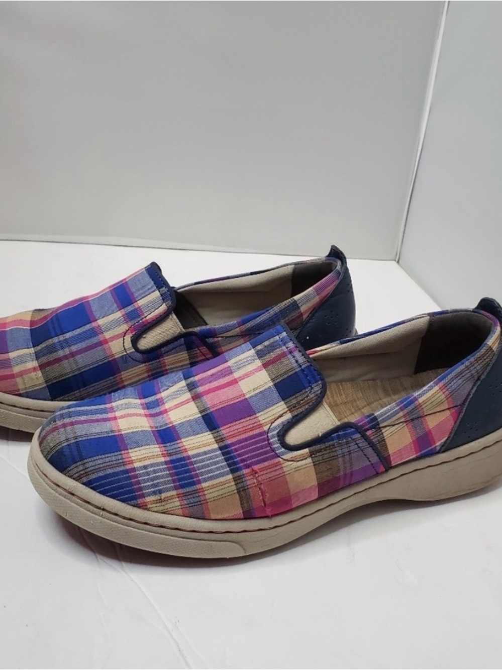 💥3/$50 Dansko Belle Madras Plaid Slip-On Canvas Shoes | Blue and Pink | Sz 39